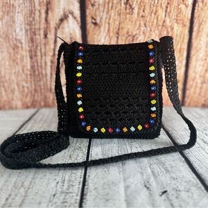 Boho‎ Crochet Black Crossbody Bag Colorful Beaded Floral Detail